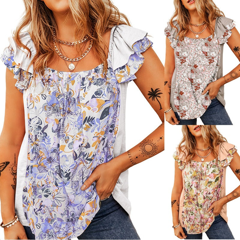 Fashion Floral Sleeveless Top with Square Collar and Flounce Detail