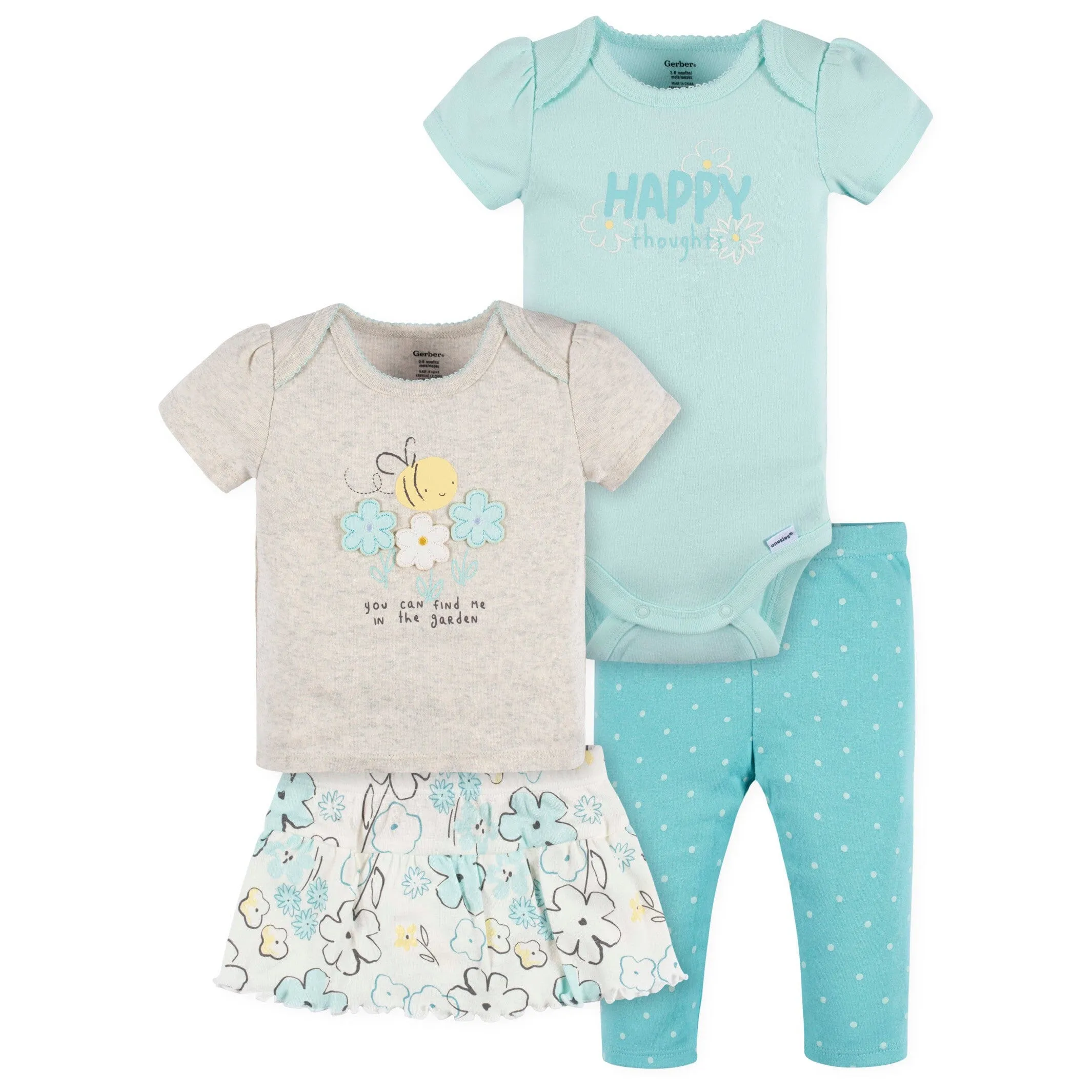 4-Piece Baby Girls Bee Petals Onesies Bodysuit, Tee, Skort & Pant Set