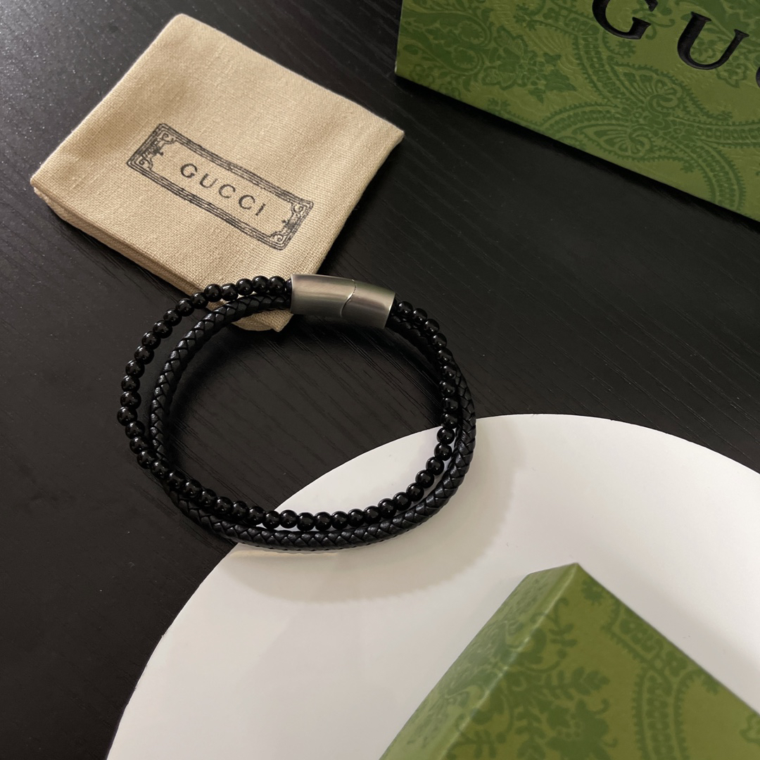 Gucci Braided Leather & Black Beads Bracelet