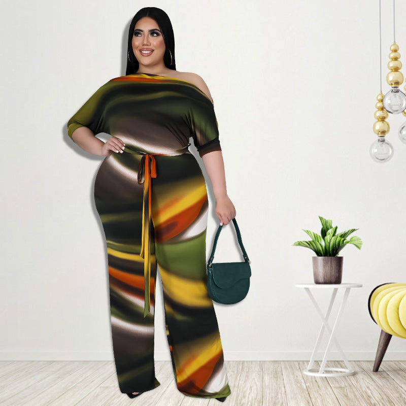 Plus Size Women Clothes Autumn Wide-Leg Pants Digital Printing Romper New Arrival