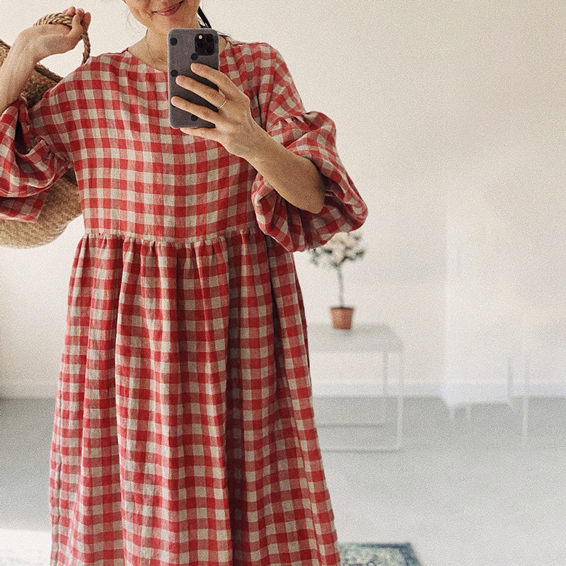 Casual Balloon Sleeve Check Crew Neck Midi Dress