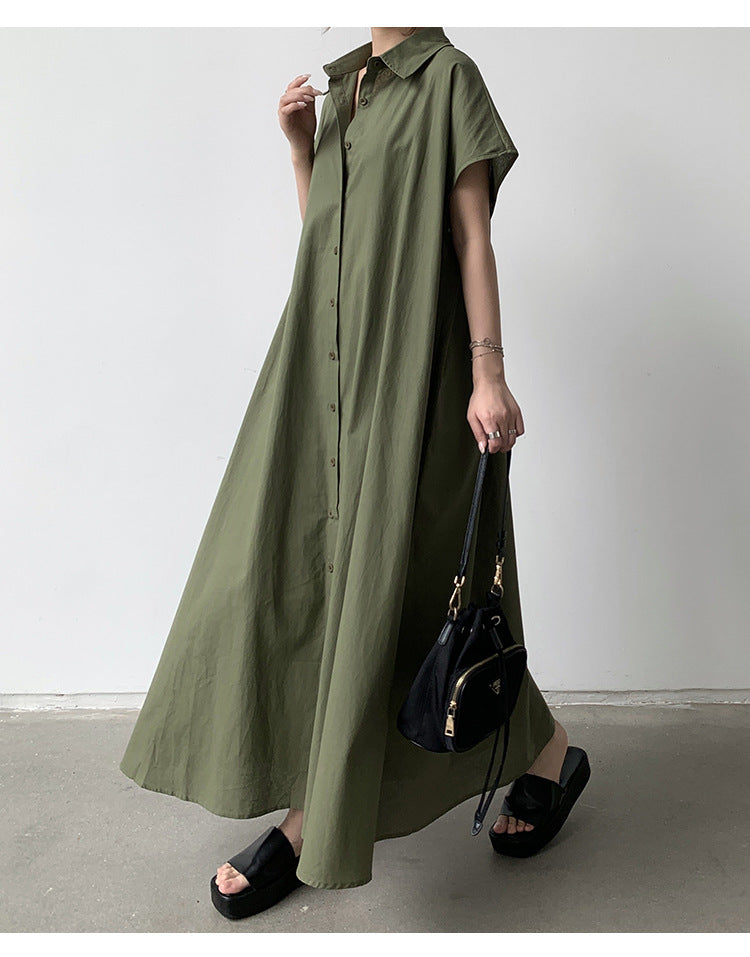 Summer Dress Women Pullover Short Sleeve Linen Solid Color Loose Lapels Casual Shirt Dress