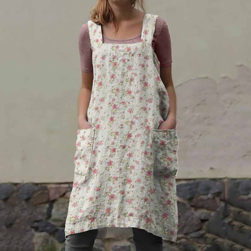 Cottage Floral Patch Pockets Cross Back Apron
