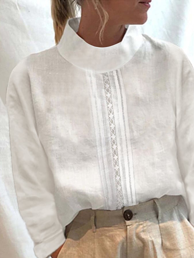 Half Turtleneck Lace Design Long Sleeve Casual Shirt