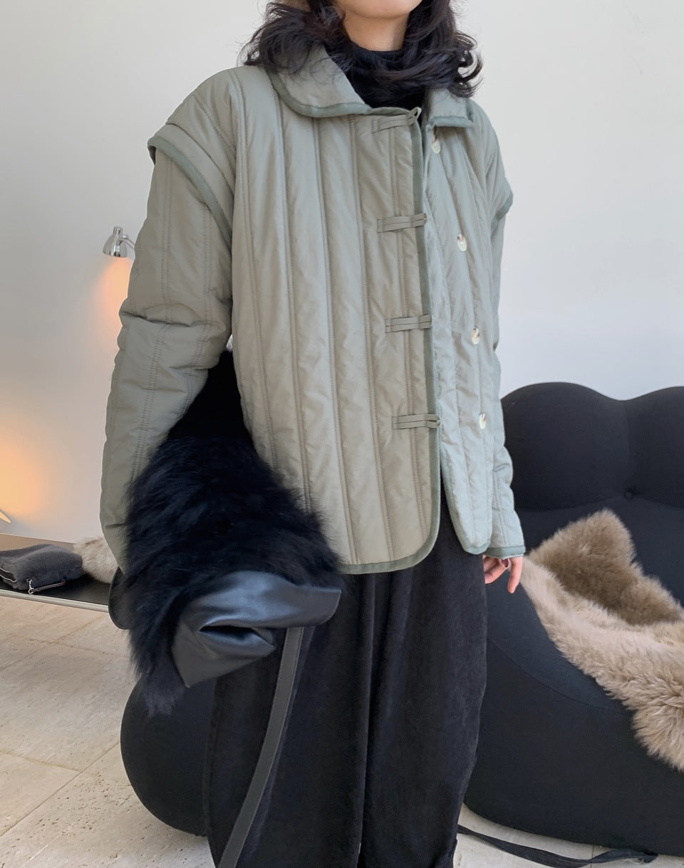 Winter Collared Cotton Padded Coat with Loop Buckle Loose Warm Comfortable Coat Women Thick