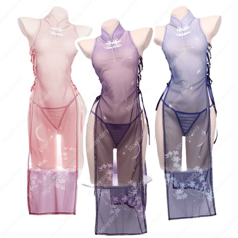 Vintage See-through Lace Up Cheongsam Lingerie Dress