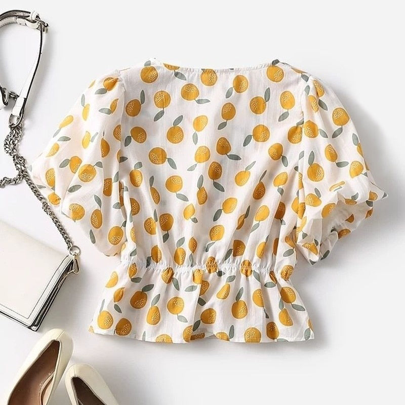 Orange Print Buttoned Blouse