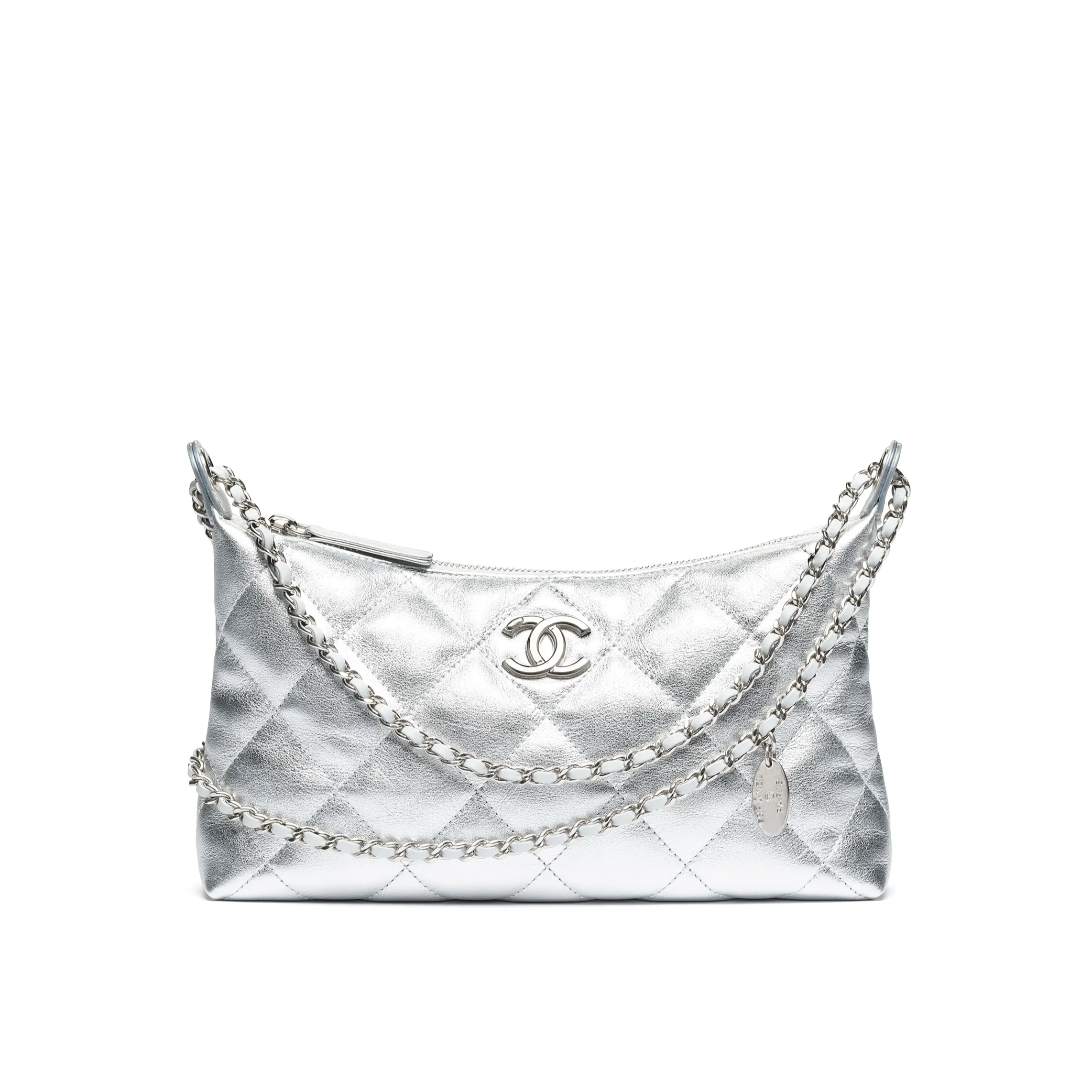 CHANEL Hobo Handbag Metallic Calfskin & Silver-Tone Metal Silvery AS5528-B20300-U1002