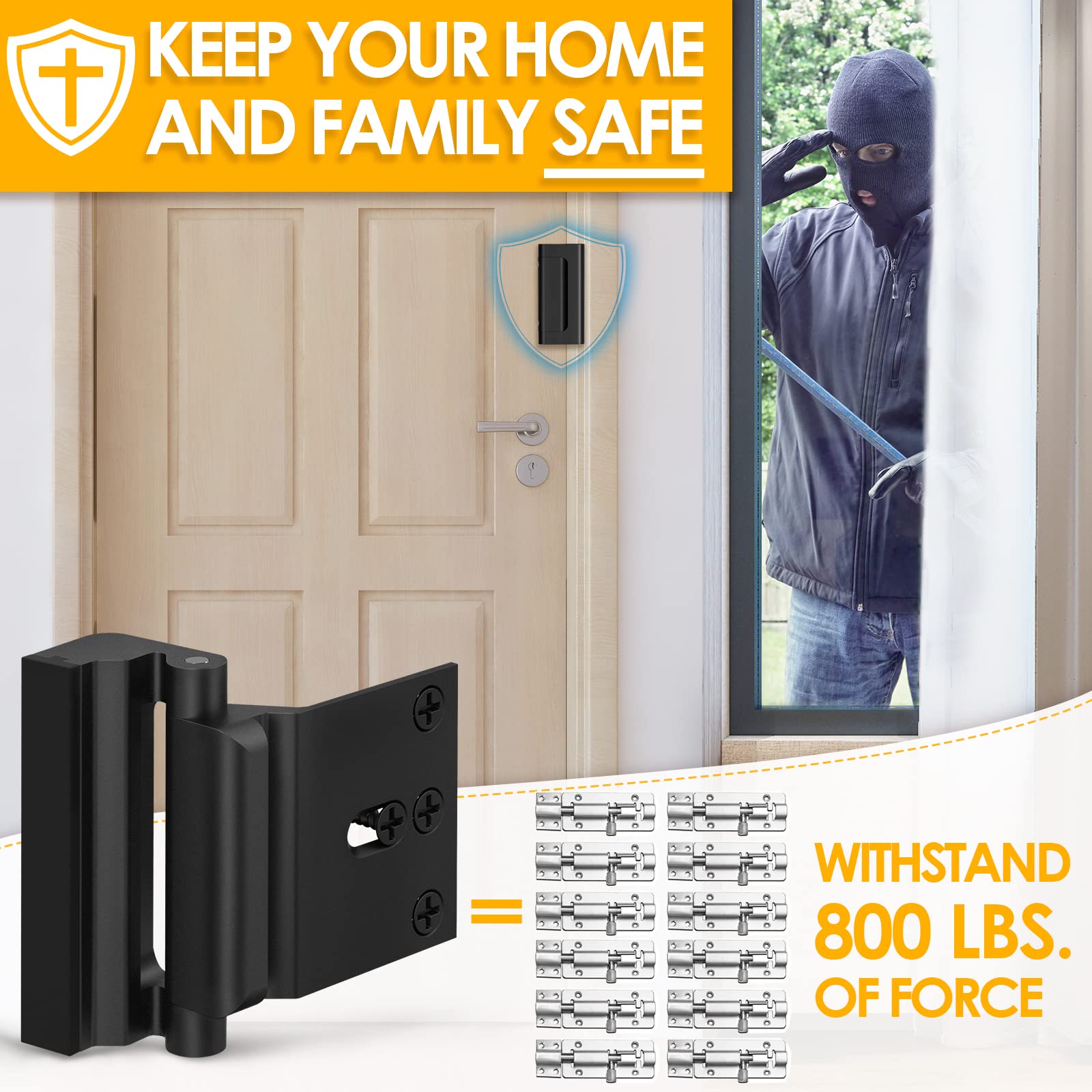 2 Pack Home Security Door Lock Withstand 800 Ibs for Inward Swinging Door, Door Reinforcement Lock With 8 Screws to Prevent Unauthorized Entry