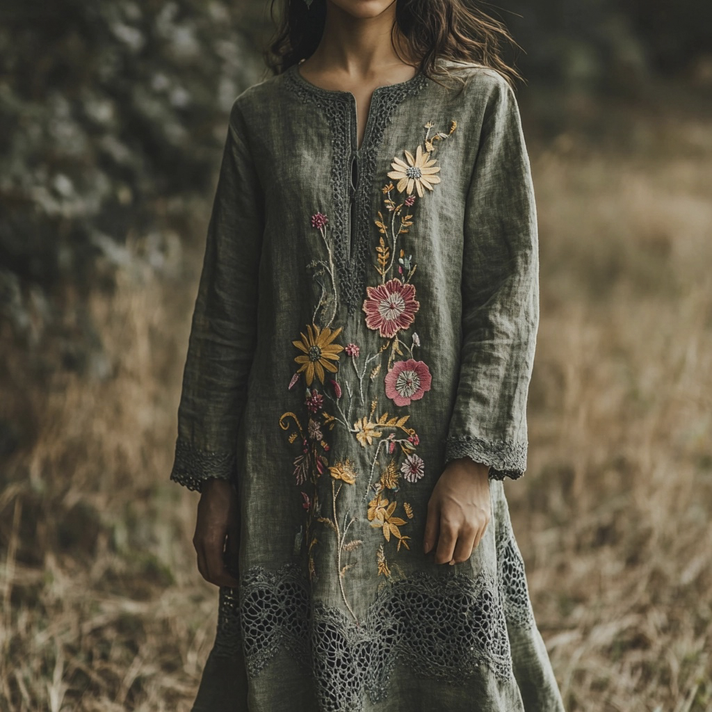 Floral Embroidery Patchwork Lace Women's Linen Maxi Dress