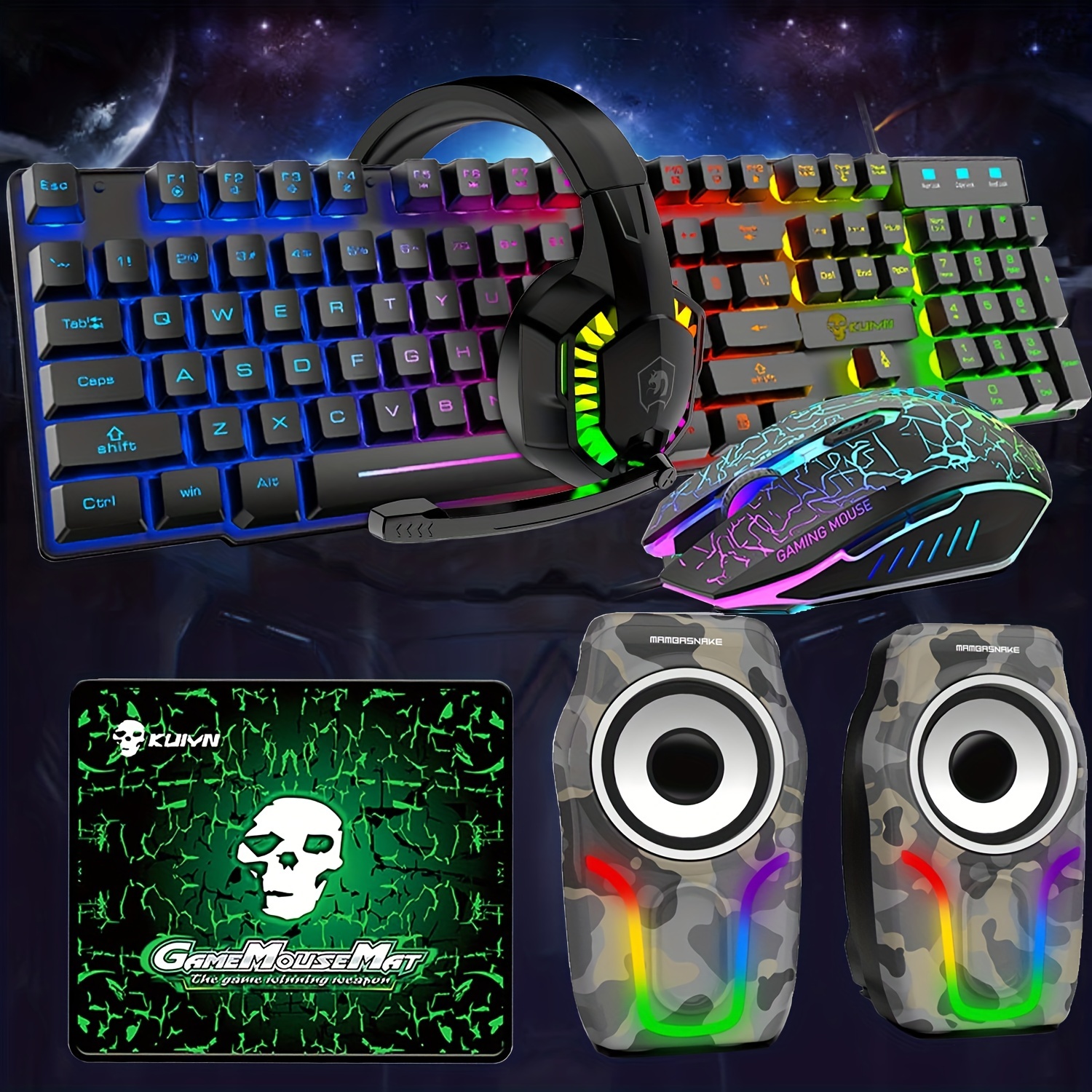 5 In 1 Gaming Combo,12W HD Sound Speakers Rainbow LED Backlit Wired Mechanical Feel Keyboard,2400DPI 6 Button Optical Gaming Mouse, RGB Gaming Headset With Mic, Gaming Mouse Pad, For PC Gaming PS4 Xbox PC Notebook