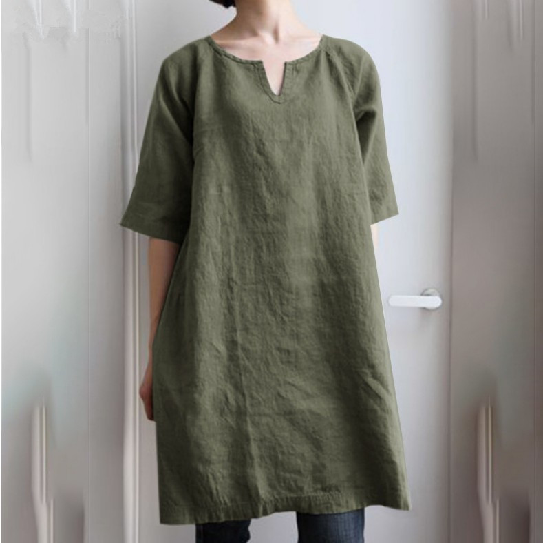Casual Solid Cotton Linen Mini Dress