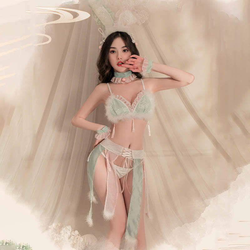 Cosplay Bunny Lace Bra With Tassels Lace-up Skirt Lingerie Set