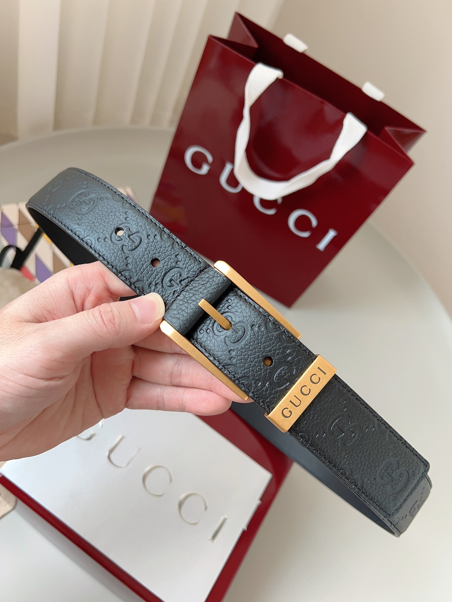 Gucci pin buckle printed leather belt 3.5cm wide