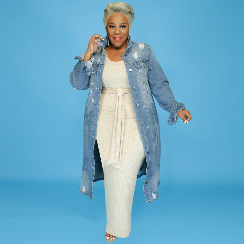 Plus Size Women Clothes Autumn Winter Ripped Casual Denim Jacket Trend
