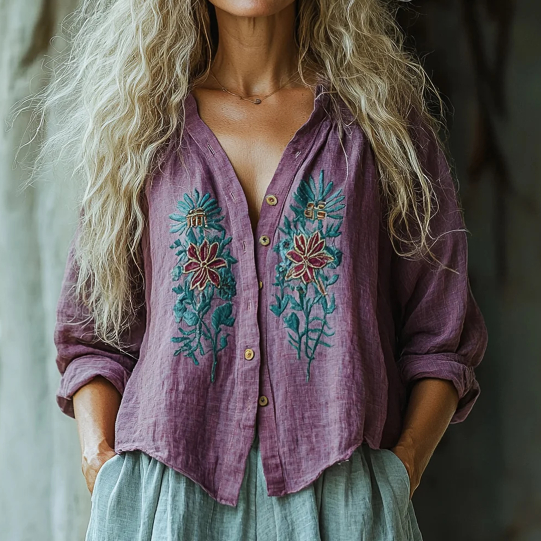 Bohemian Style Linen Floral Art Print Long Sleeve Loose  Shirt