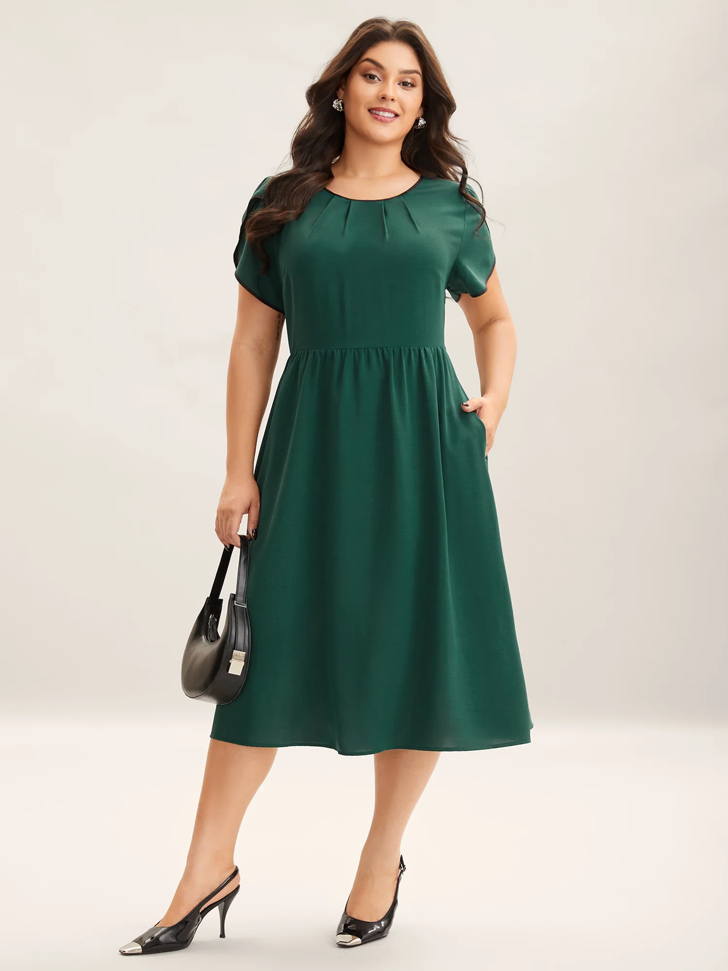 Petal Sleeve Pleated Pockets Midi Dress