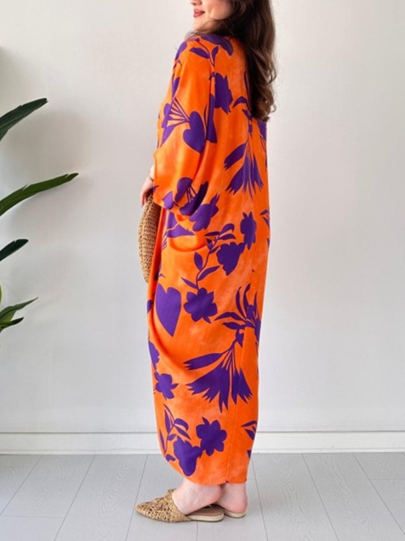 💃 FASHION PRINTED LOOSE BAT SLEEVES V-NECK DRAWSTRING DRESS