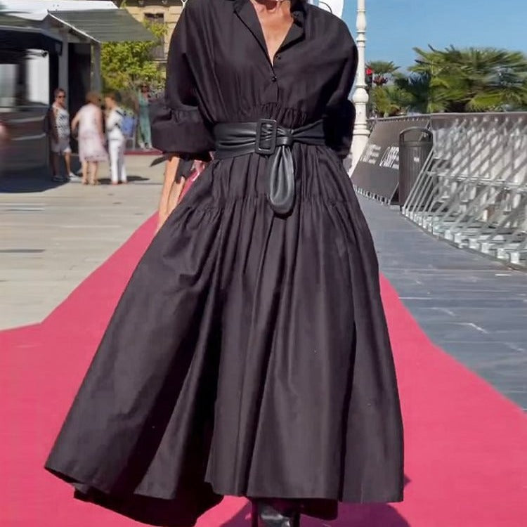 Solid Color Puff Sleeve Shirt Dress with Pleated Design for Women