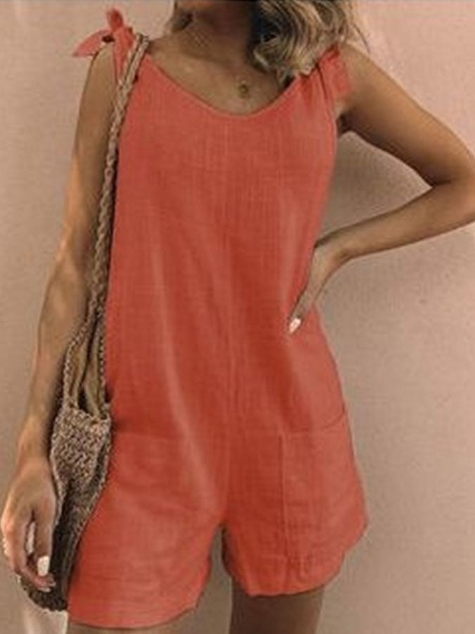 Casual Solid Color Cotton Linen Pocket Jumpsuit