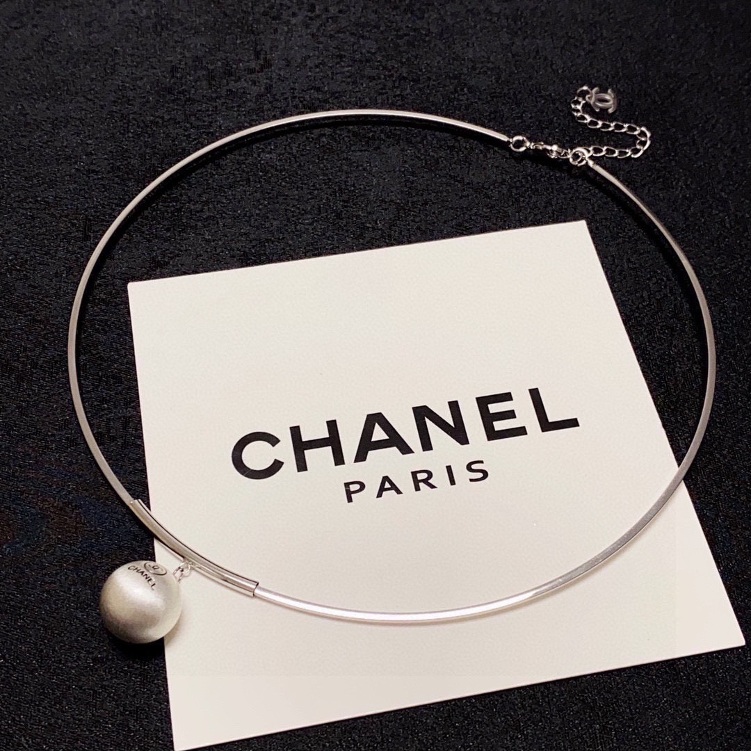 Chanel brushed silver ball pendant necklace