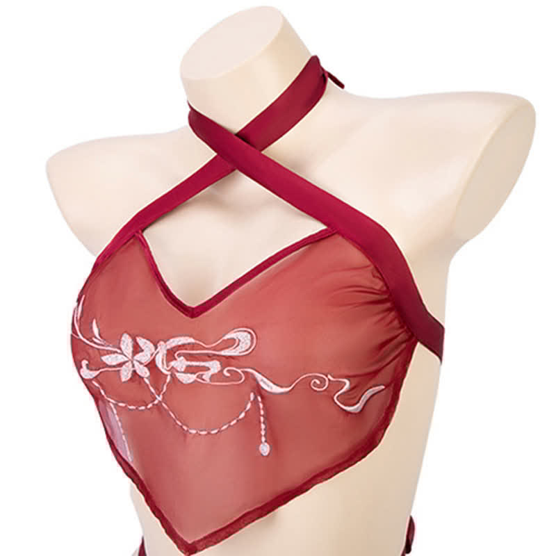 Han Costume Vintage Embroidery See Through Split Lingerie Set