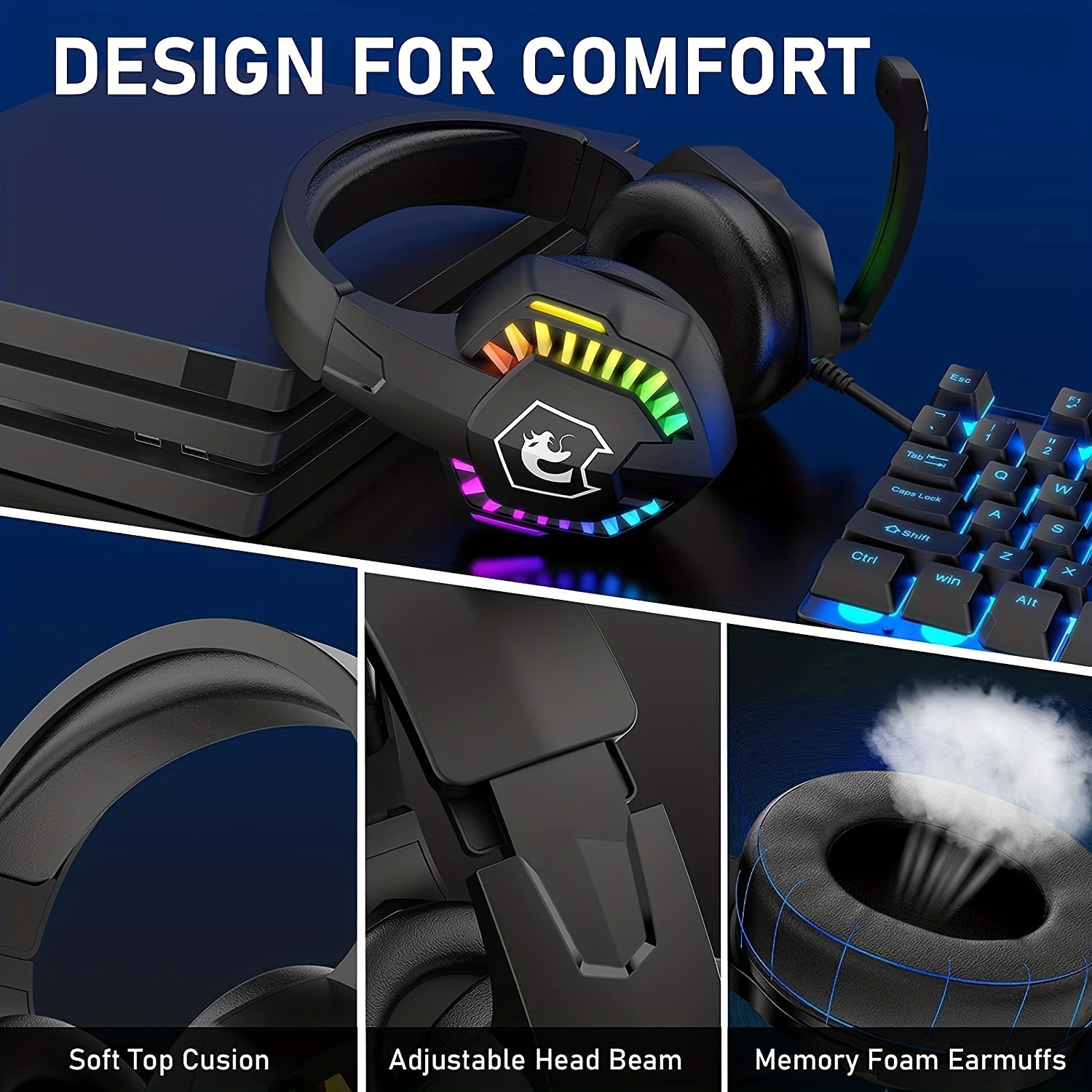 5 In 1 Gaming Combo,12W HD Sound Speakers Rainbow LED Backlit Wired Mechanical Feel Keyboard,2400DPI 6 Button Optical Gaming Mouse, RGB Gaming Headset With Mic, Gaming Mouse Pad, For PC Gaming PS4 Xbox PC Notebook