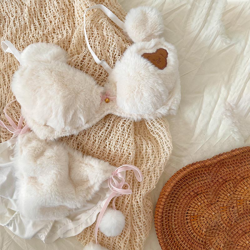 Bear Embroidery Lace Up Lingerie Set