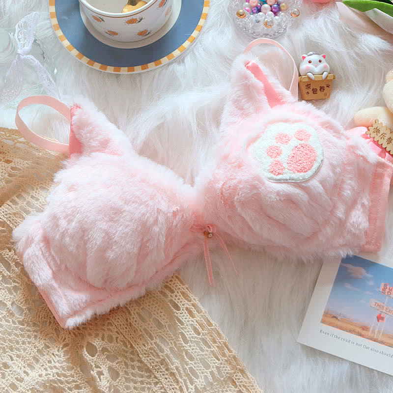 Kawaii Cat Claw Embroidery Plush Lingerie Set