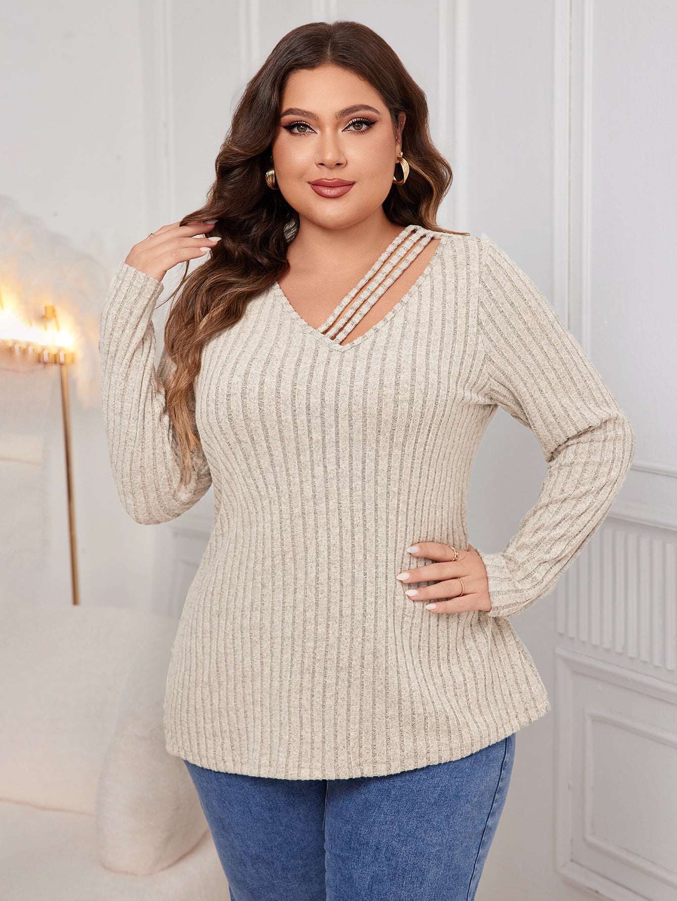 Plus Size V neck Sweater Fall/Winter Loose Fitting Outerwear Sweater