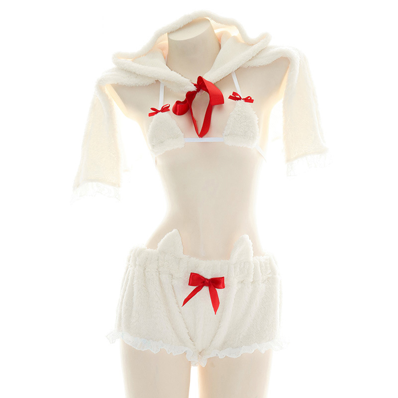 Bow Knot Lace Up Cloak Cat Ears Halter Plush Lingerie
