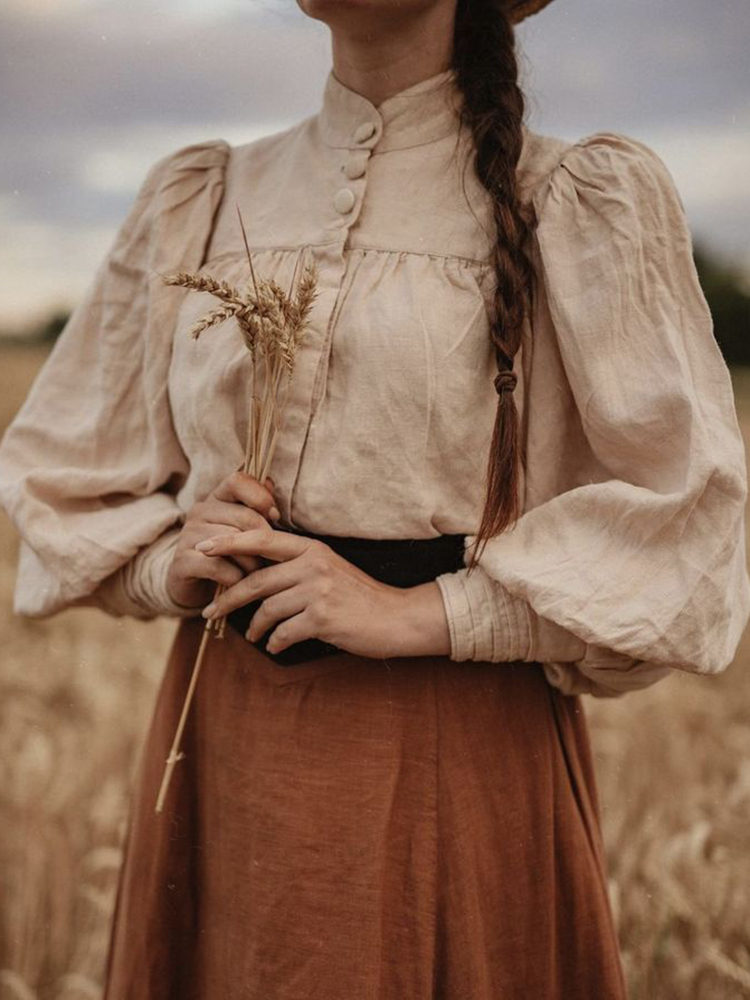 Vintage Button Puff Sleeve Comfy Long Sleeve Shirt