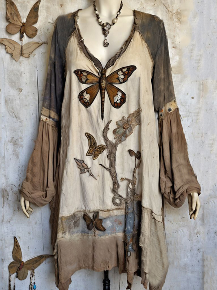 Vintage Butterfly And Dragonfly Embroidery Linen Blend Midi Dress