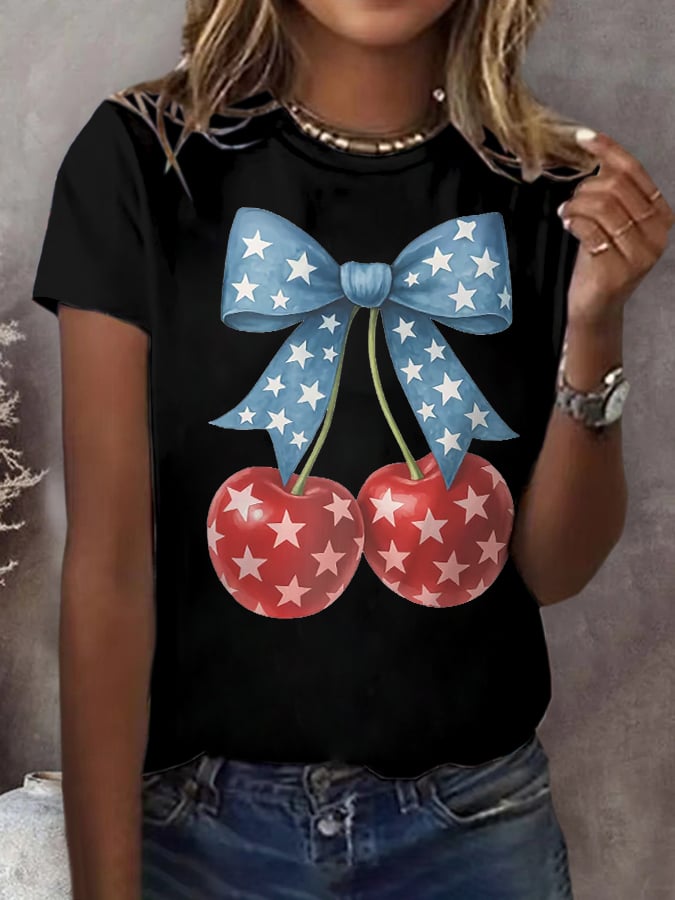 Women's Retro Cherry Bow Patriotic 4th Of July Print T-Shirt