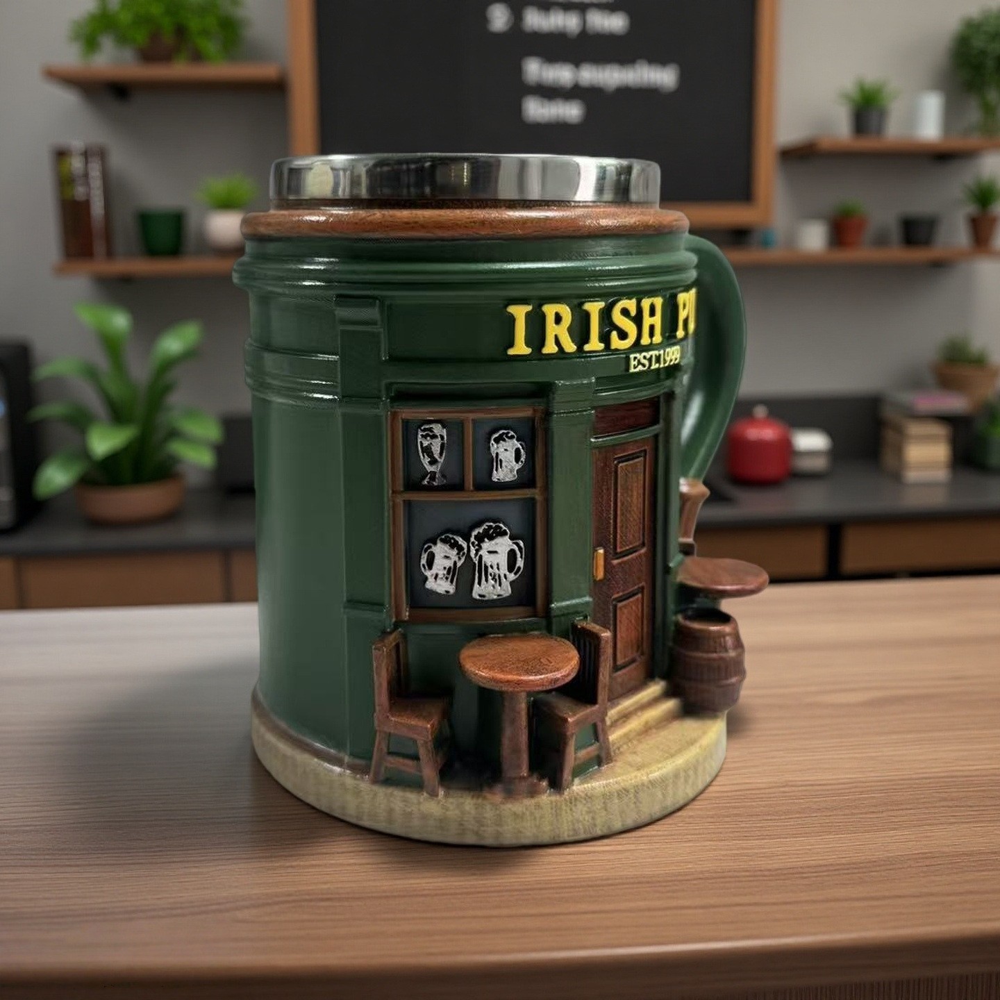 Irish pub-style resin and stainless steel mug, home decor craft ornament.