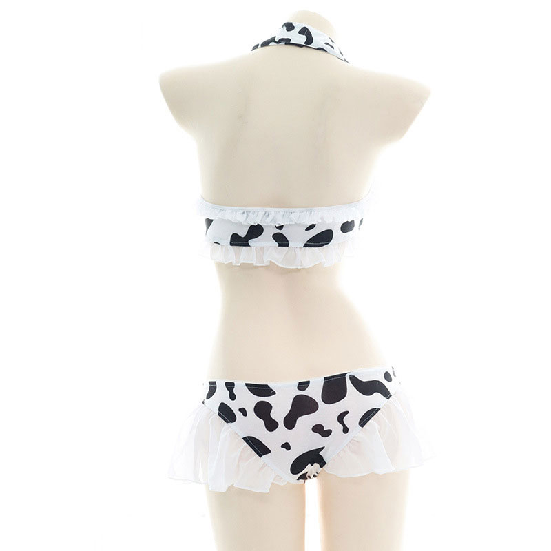 Cow Print Bow Knot Bikini Halter Lingerie Set