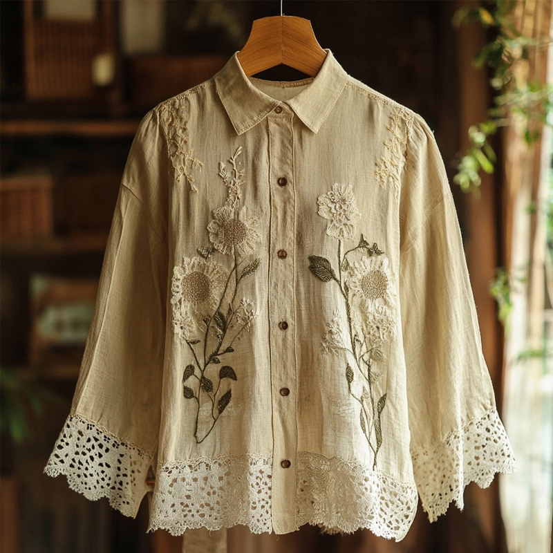 Vintage Floral Embroidered Linen Blend Lace Blouse