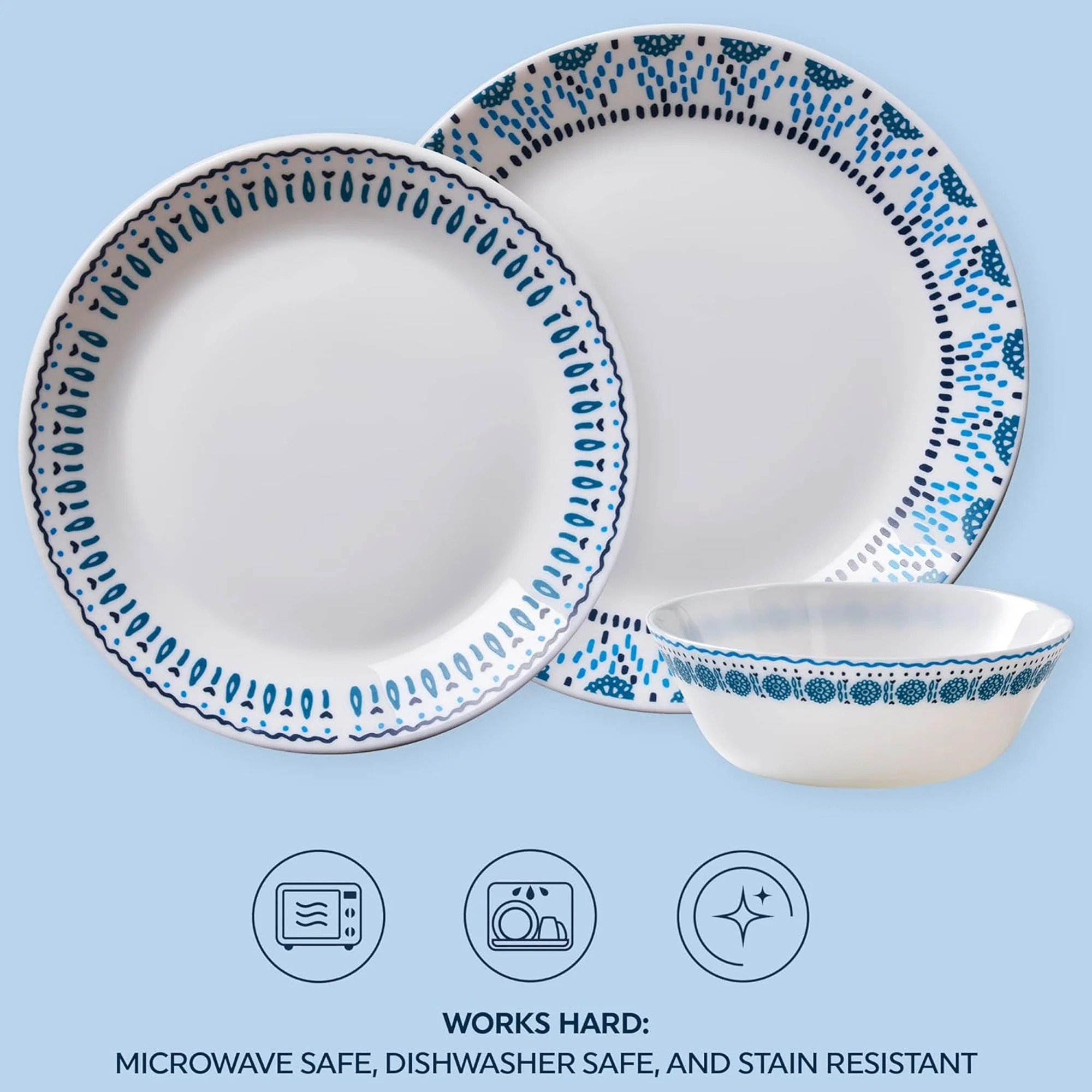 Corelle Everyday Expressions 12 Piece Dinnerware Set, Service for 4, Azure Medallion