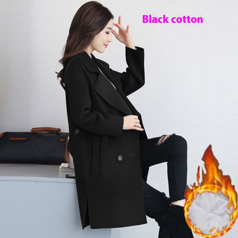 Cotton and Wool Blend Thickened Slimming Wool Overcoat for Women