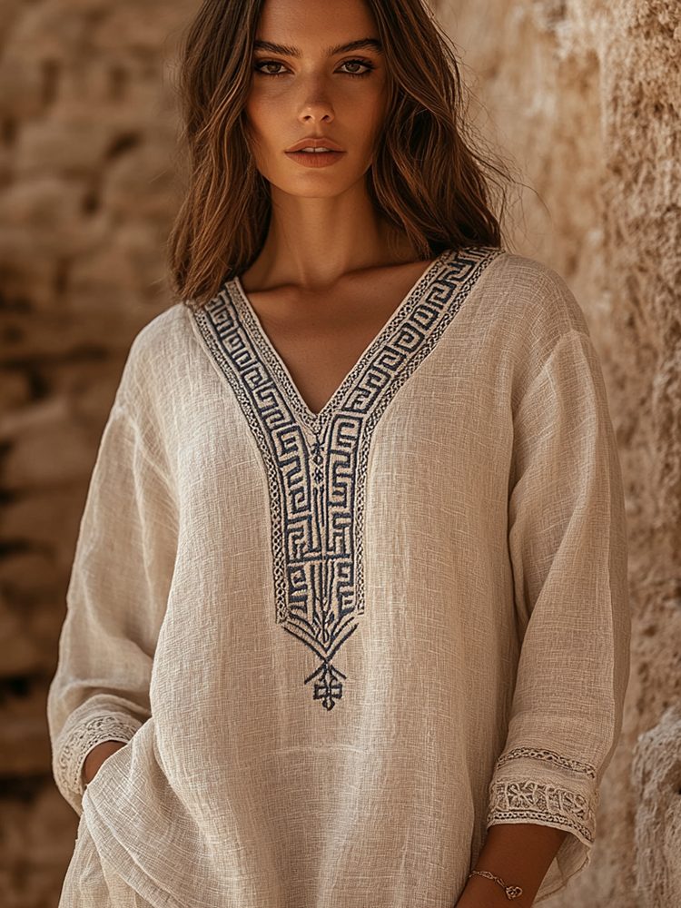 Vintage Greek Key Embroidery Linen Cozy T-shirt
