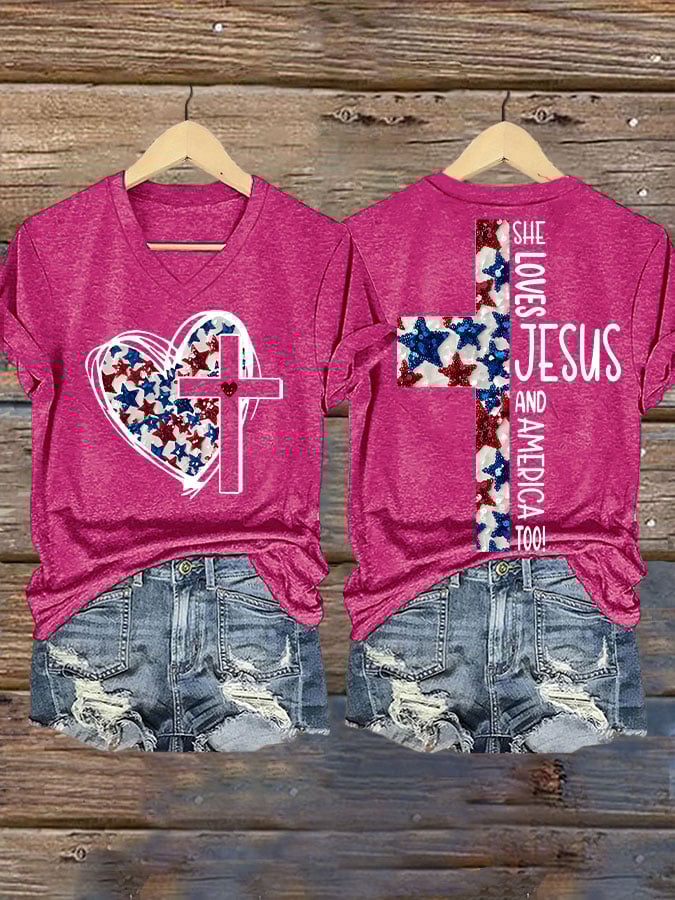 Women's She Jesus And Love America Too!  Print V-Neck T-Shirt