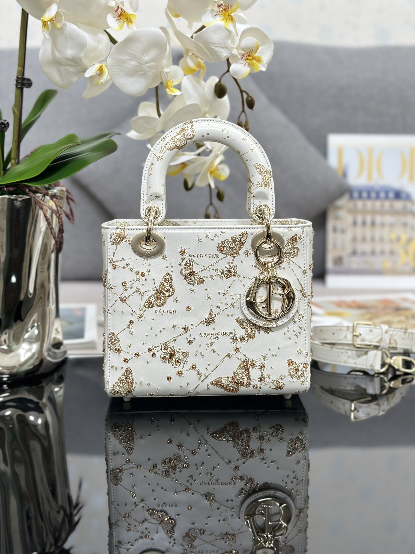 Dior Lady Dior four-grid embroidered butterfly gold beads M0538