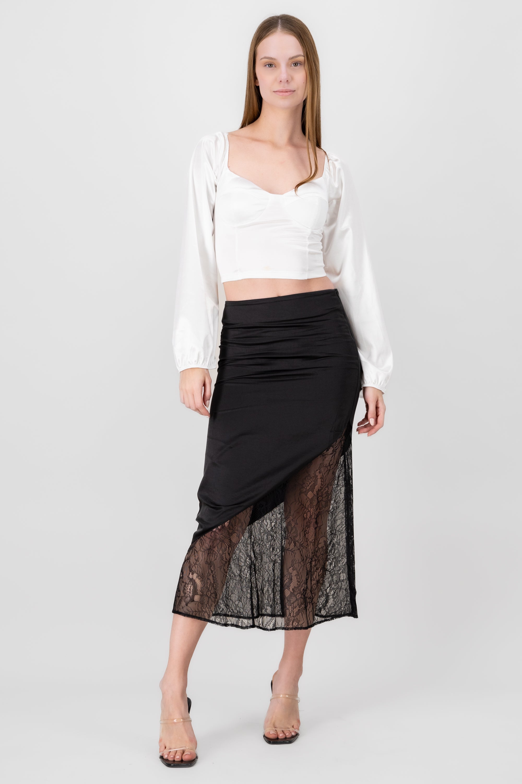 Midi Satin Skirt With Lace