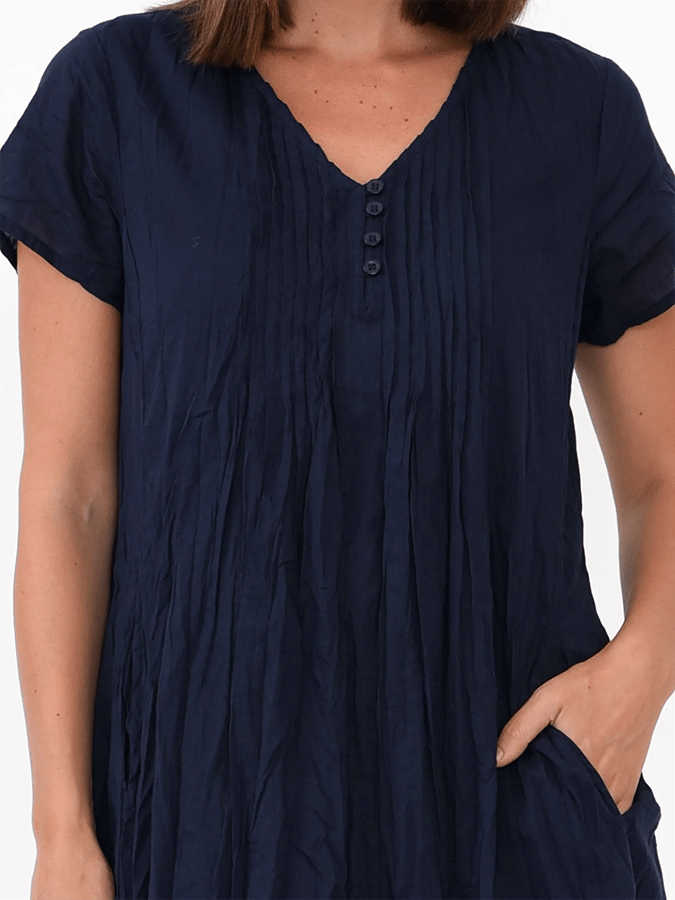 Women's Pleated Button Design Cotton And Linen Dress