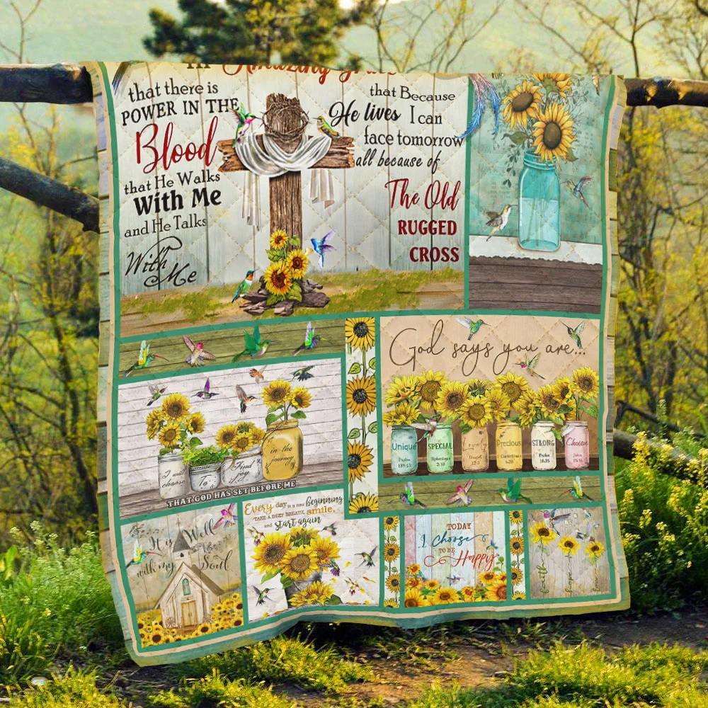 Jesus Christ. Hummingbirds Sunflower. I Still Believe In Amazing Grace Quilt Blanket