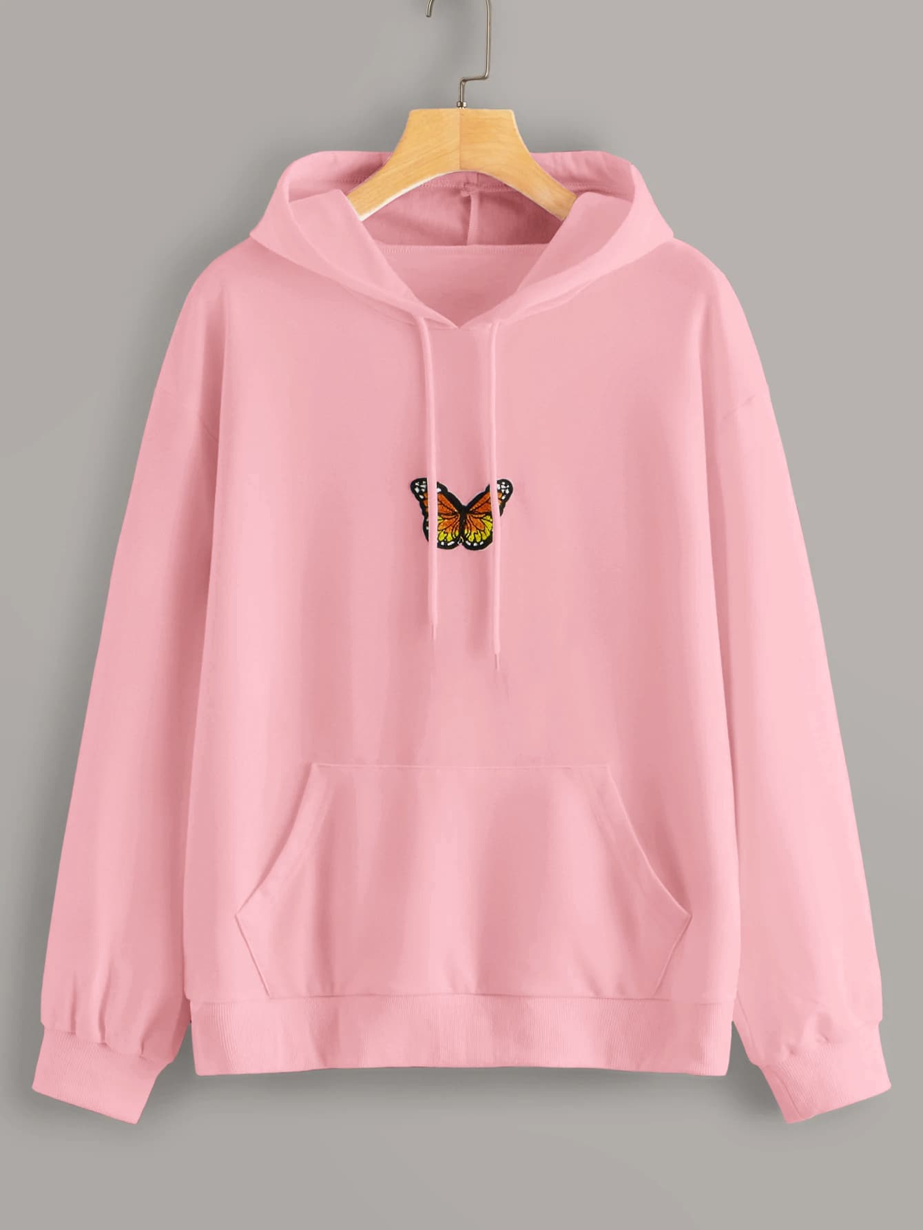 Butterfly Embroidered Kangaroo Pocket Drawstring Hoodie