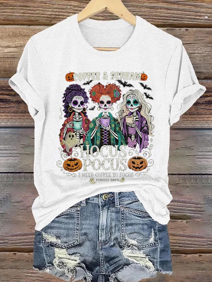 🔥Buy 3 Get 10% Off🔥Women's Casual I Need Coffee to Focus Halloween Print Short Sleeve T-Shirt