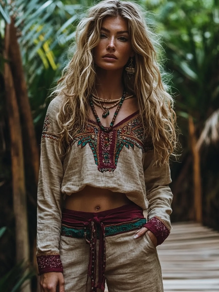 Vintage Tribal Ethnic Style Embroidered Linen V-neck Shirt