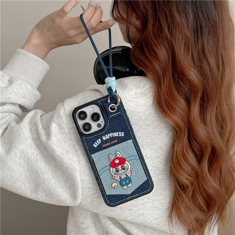 Labubu denim embroidery 3D pocket card slot phone case for iphone