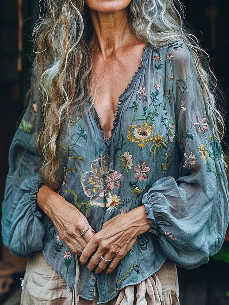 Bohemian Floral Linen Art Print Long Sleeve V-neck Shirt